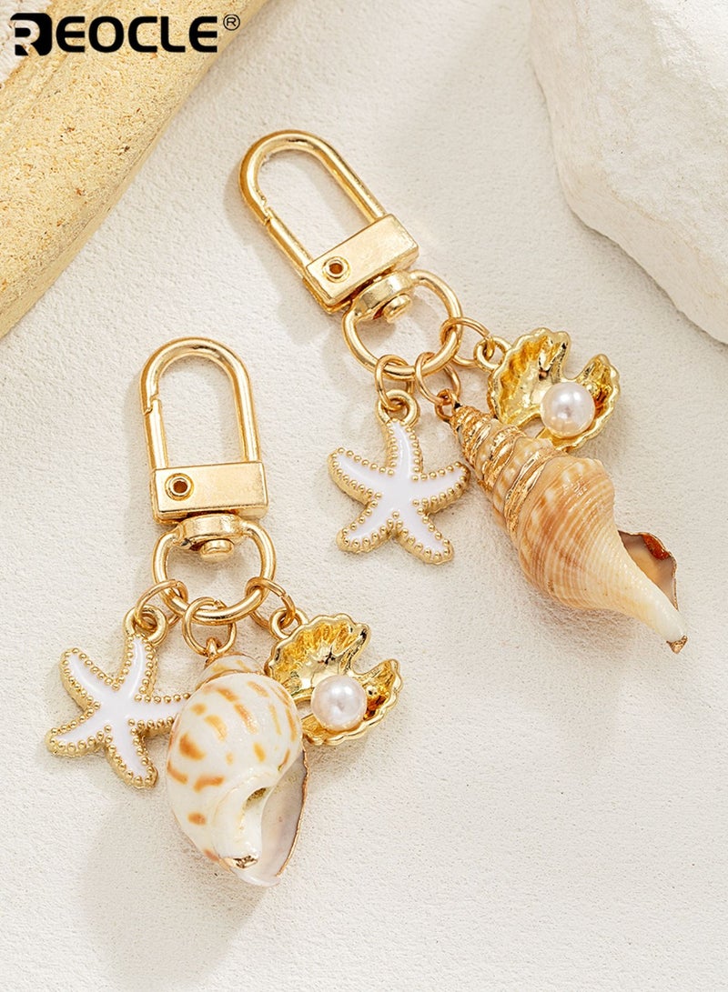REOCLE Seaside Motif Keychain with Starfish Shell Pearl Details Decorative Portable Key Holder Versatile Accessory for Daily Use & Styling - Image 3