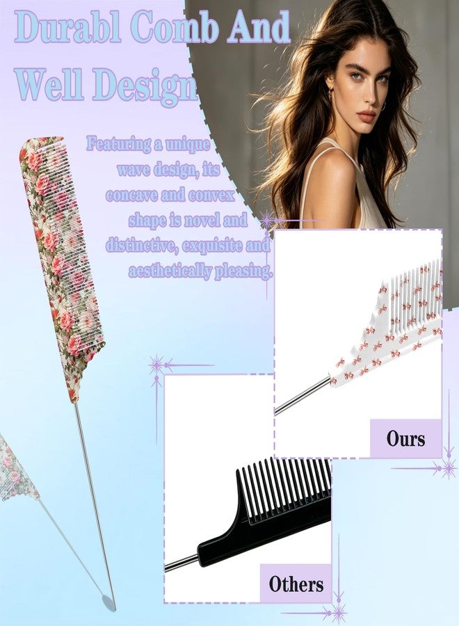 GABraden 2PCS Rat Tail Comb,Steel Pin Rat Tail Pick,Styling Parting Comb,Lightweight Sectioning Fine Tooth Comb,Cute Aesthetic Design for Women Men and Girls (01-Rose Bows) - Image 3