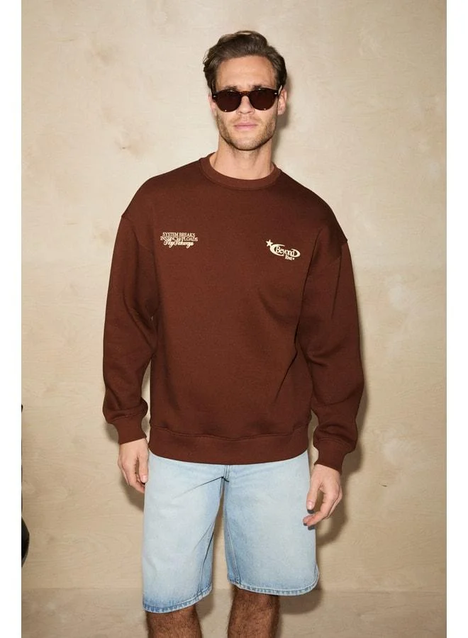 GRIMELANGE RIVET Men's Organic Cotton Fleece-Lined Printed Bike Neck Regular Brown Sweatshirt.