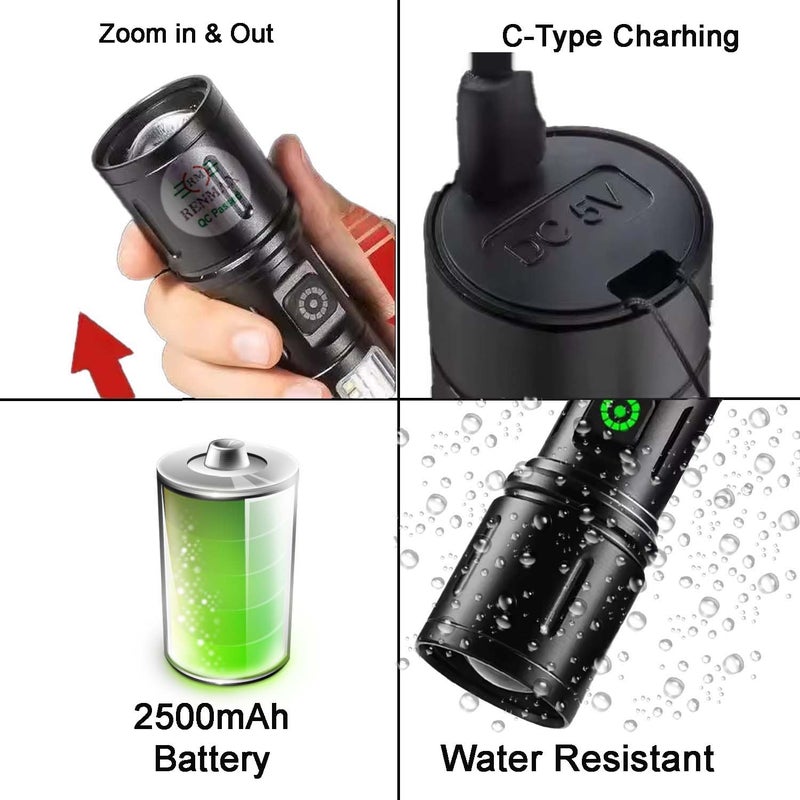 RENMAX Super Bright Hand Torch 6Light Modes 2000mAh Rechargeable Battery with CType Fast Charging Rainproof Metal Body 1 Pc 14 Cm Black - Image 2