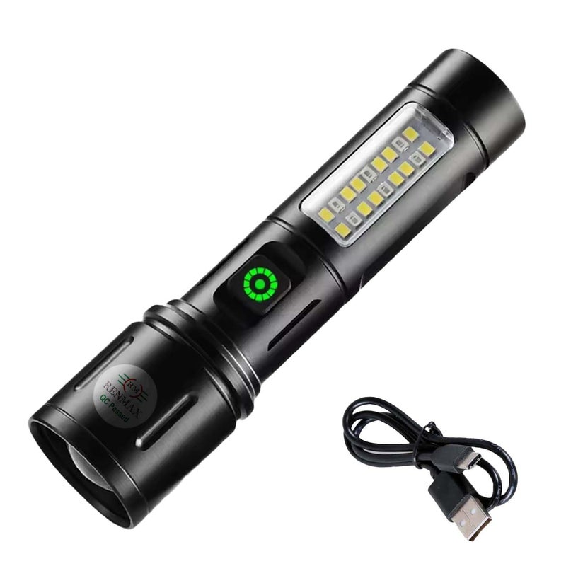 RENMAX Super Bright Hand Torch 6Light Modes 2000mAh Rechargeable Battery with CType Fast Charging Rainproof Metal Body 1 Pc 14 Cm Black - Image 1