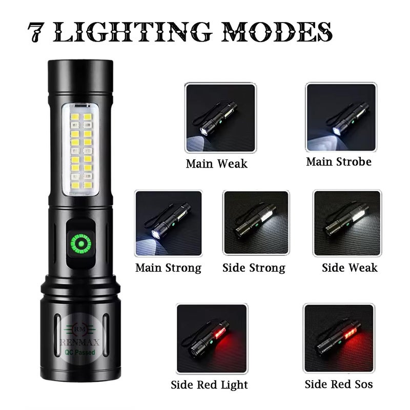 RENMAX Super Bright Hand Torch 6Light Modes 2000mAh Rechargeable Battery with CType Fast Charging Rainproof Metal Body 1 Pc 14 Cm Black - Image 3