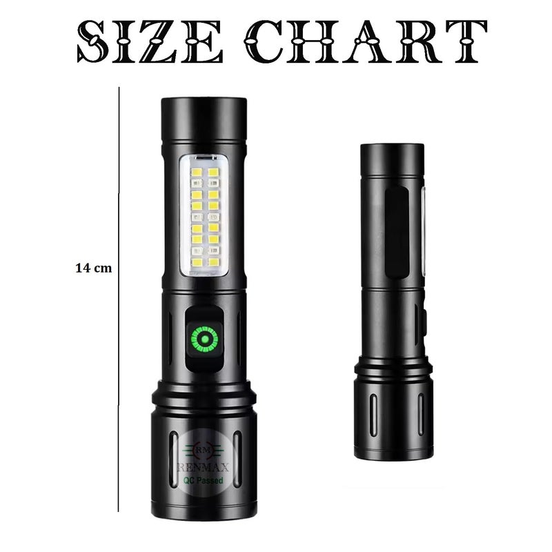 RENMAX Super Bright Hand Torch 6Light Modes 2000mAh Rechargeable Battery with CType Fast Charging Rainproof Metal Body 1 Pc 14 Cm Black - Image 4
