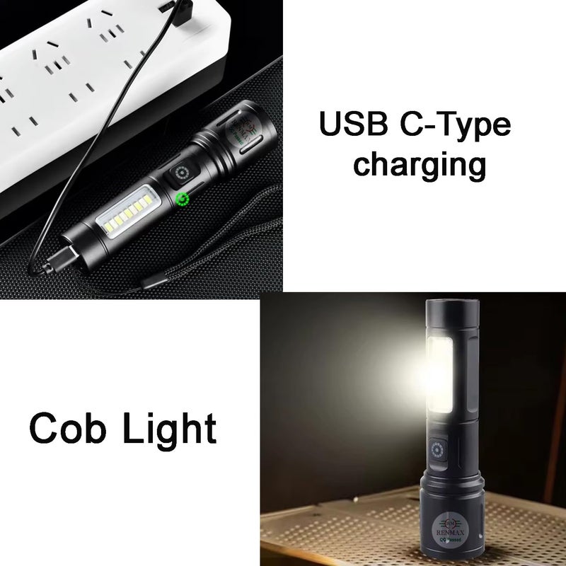 RENMAX Super Bright Hand Torch 6Light Modes 2000mAh Rechargeable Battery with CType Fast Charging Rainproof Metal Body 1 Pc 14 Cm Black - Image 5