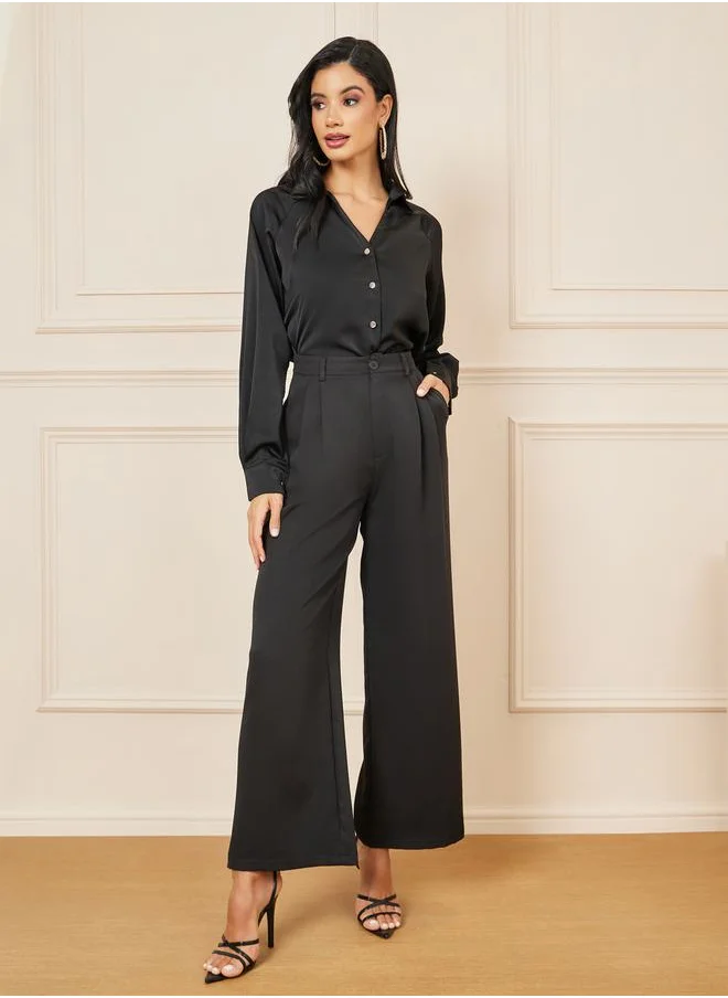 ستايلي Satin V Neck Collared Long Sleeve Shirt
