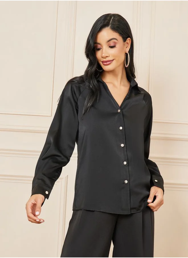 ستايلي Satin V Neck Collared Long Sleeve Shirt
