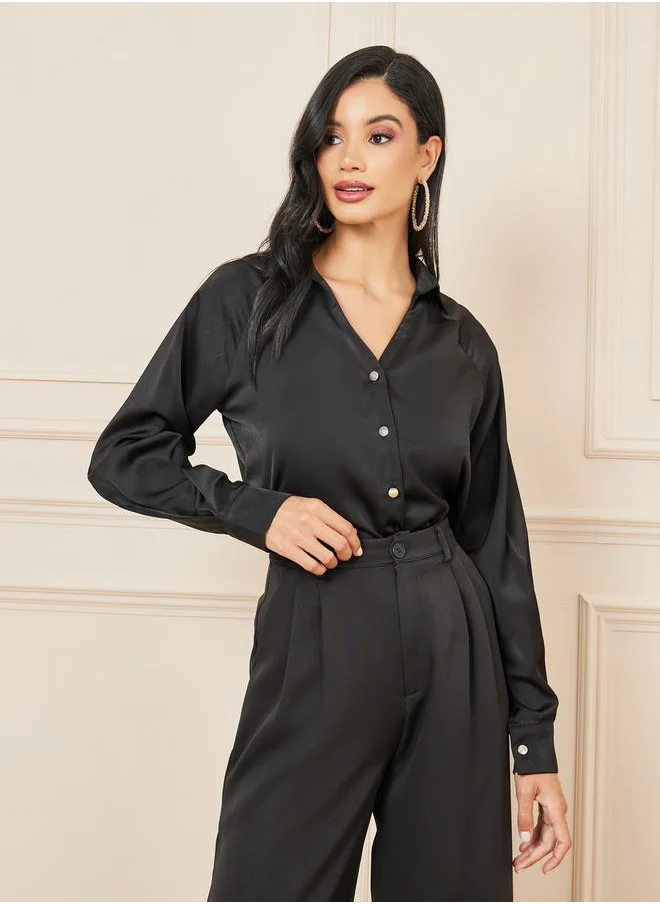 ستايلي Satin V Neck Collared Long Sleeve Shirt