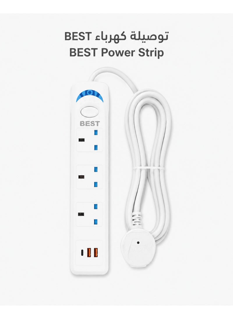 بست توصيلة كهرباء BEST بطول 5 متر - 3 منافذ كهربائية 127V و220-240V - 2 منفذ USB ومنفذ Type-C - مشترك كهربائي متعدد الاستخدام - Image 1