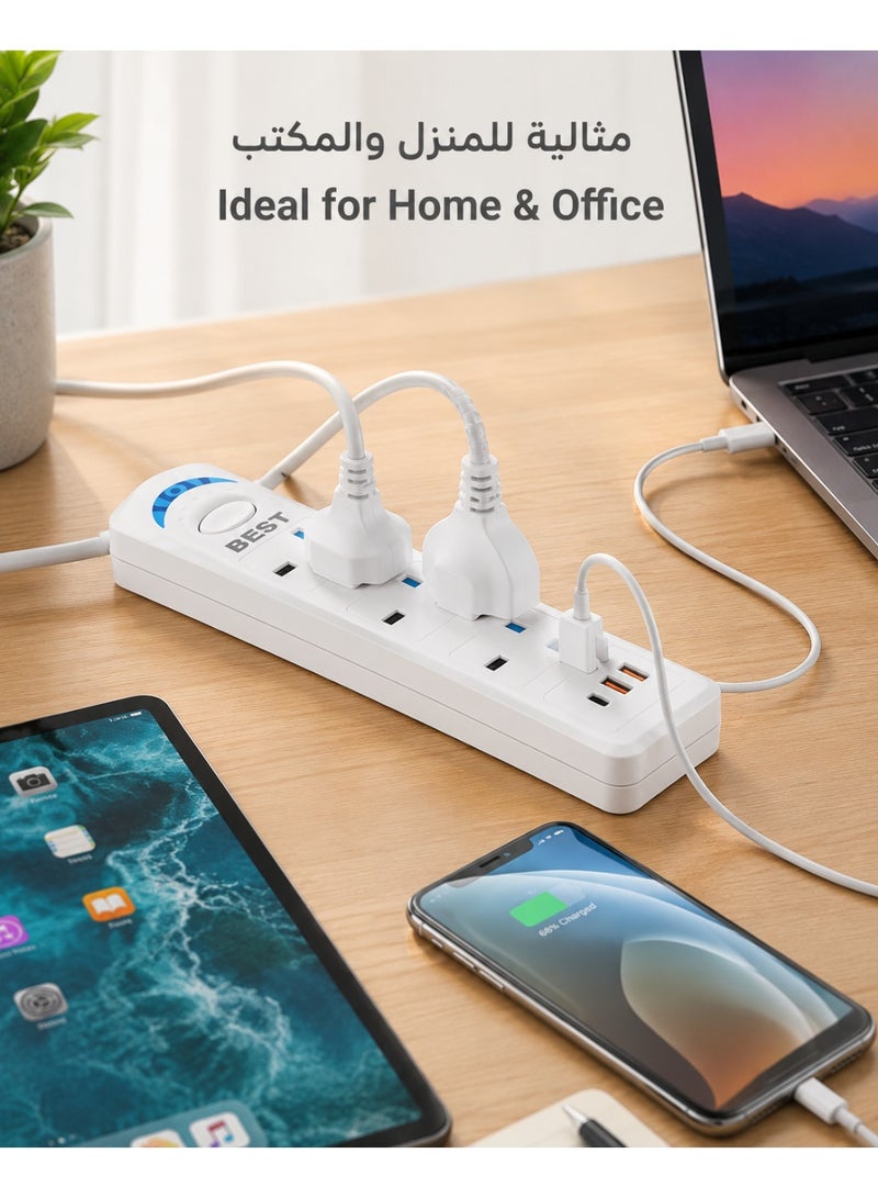 بست توصيلة كهرباء BEST بطول 5 متر - 3 منافذ كهربائية 127V و220-240V - 2 منفذ USB ومنفذ Type-C - مشترك كهربائي متعدد الاستخدام - Image 3