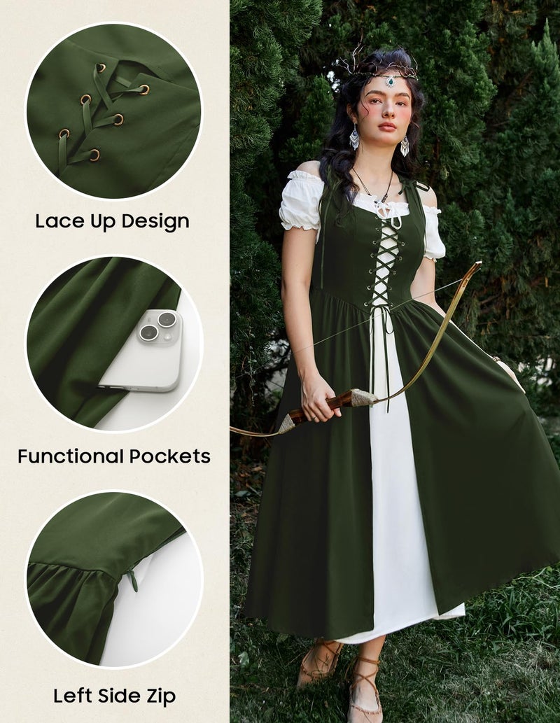 Scarlet Darkness Halloween Renaissance Costume Women Fairy Elf Irish Ren Faire Dress Viking Pirate Outfit Peasant Dresses Olive Green S - Image 4