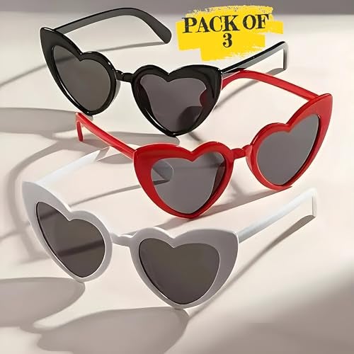 STORE 2508 Pack of 3 Oversized Heart Shaped Sunglasses Unisex Framed Glasses Candy Colour Fun Sunglasses Holi Party Pool Party Group Holidays Black Red White - Image 3