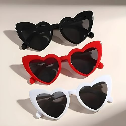 STORE 2508 Pack of 3 Oversized Heart Shaped Sunglasses Unisex Framed Glasses Candy Colour Fun Sunglasses Holi Party Pool Party Group Holidays Black Red White - Image 2
