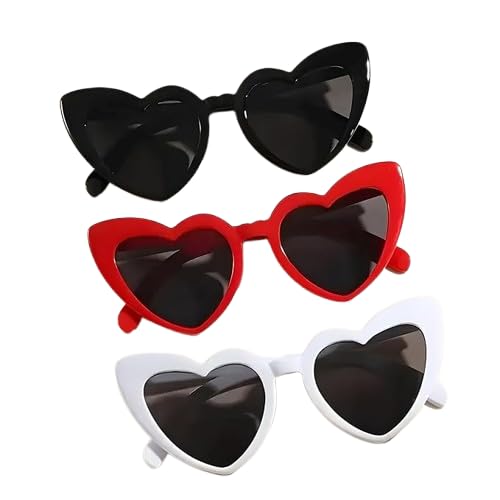 STORE 2508 Pack of 3 Oversized Heart Shaped Sunglasses Unisex Framed Glasses Candy Colour Fun Sunglasses Holi Party Pool Party Group Holidays Black Red White - Image 1