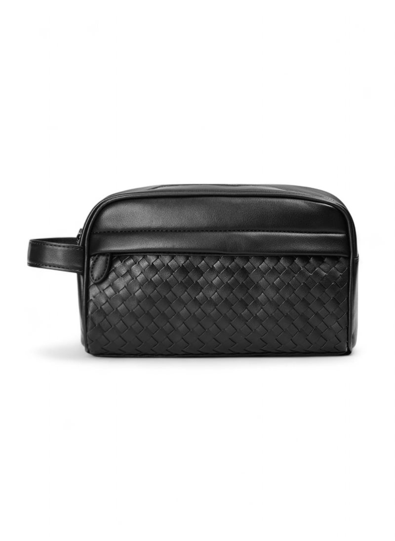SEVN Men’s Travel Clutch Bag – Black PU Leather Woven Design  - Image 1