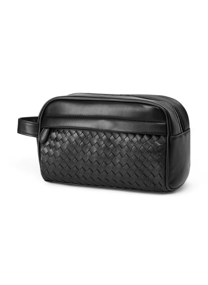 SEVN Men’s Travel Clutch Bag – Black PU Leather Woven Design  - Image 4