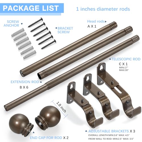 AMZSEVEN Curtain Rods for Windows 16 to 120 Inches, Curtain Rod Max Adjustable Length of 132 IN, 1" Diameter Drapery Rods Round Finials, Brown, Pack of 1 - Image 3