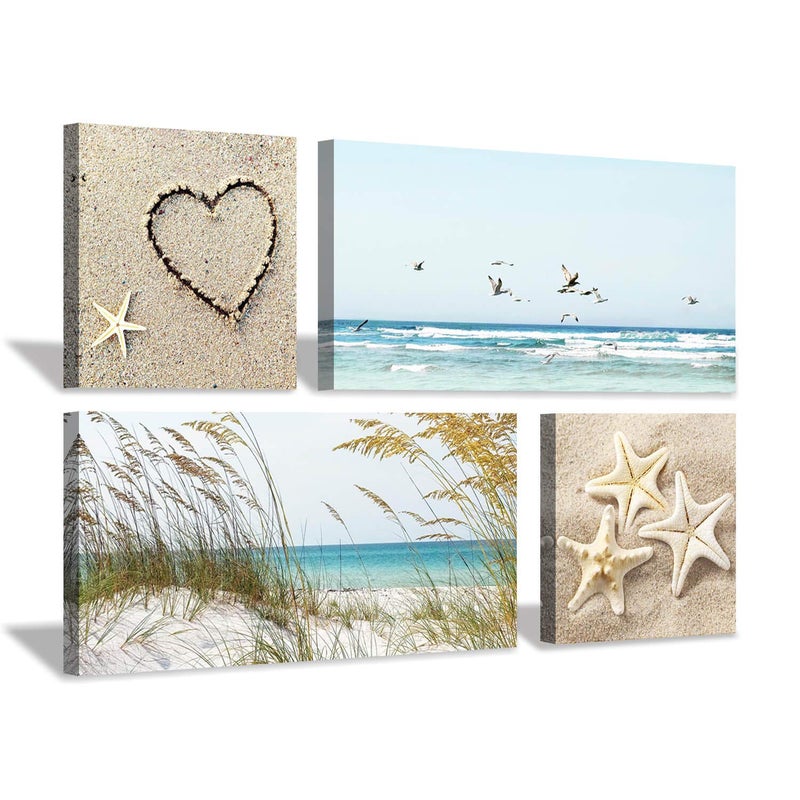 Coastal Wall Art Seascape Artwork Sea Grass and Starfish on Beach Canvas Painting for Living Room 12 x 12 x 2 Panels  24 x 12 x 2 Panels