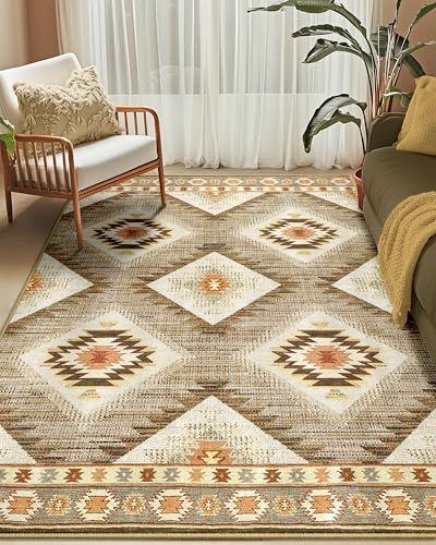 BESTSWEETIE Area Rug 6x9 Rug Machine Washable Non-Slip Low Pile Print Pattern Western Rug for Living Room Bedroom Entryway Tribal Series -Cream/Camel - Image 1