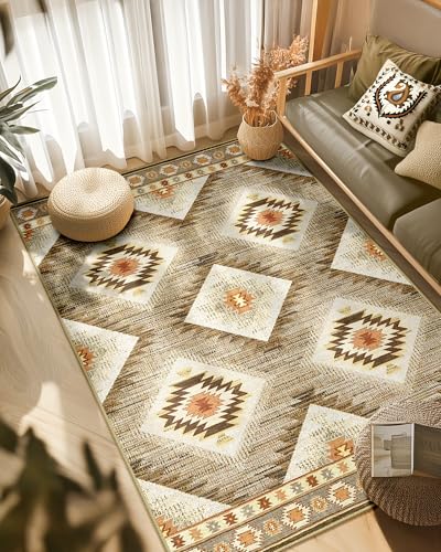 BESTSWEETIE Area Rug 6x9 Rug Machine Washable Non-Slip Low Pile Print Pattern Western Rug for Living Room Bedroom Entryway Tribal Series -Cream/Camel - Image 5