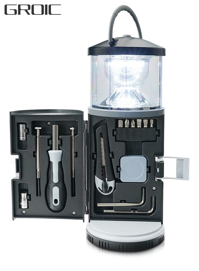 GROIC 2 in 1 LED Camping Lantern with Tool Kits, Battery Operated 11 PCS Tools Kit, Portable Emergency Light for Storm Outages Your House Car Workbench  - Image 1
