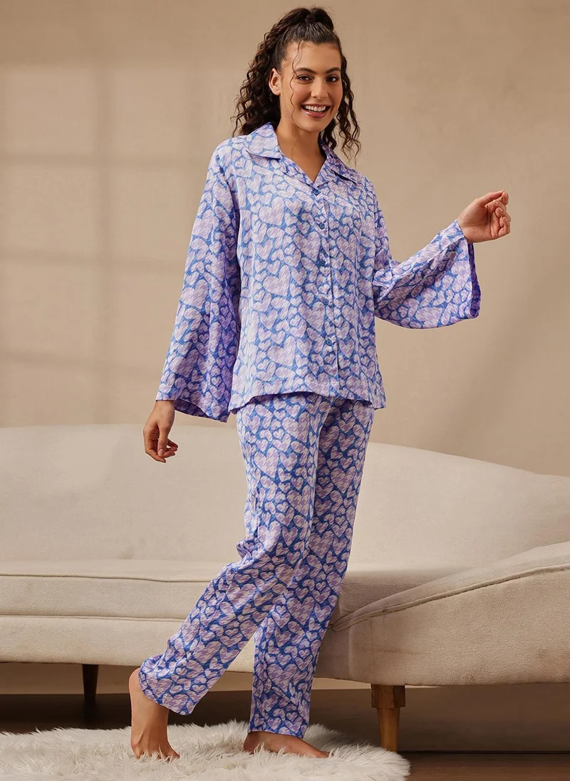 Clovia Purple Clovia Heart Print Button-Down Shirt & Pyjama Set in Purple - Satin for Women | Best Price UAE