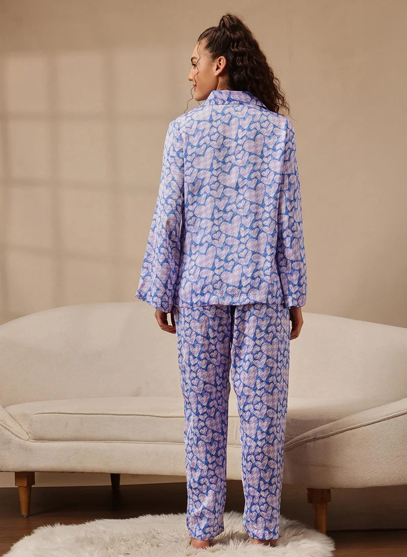 Clovia Purple Clovia Heart Print Button-Down Shirt & Pyjama Set in Purple - Satin for Women | Best Price UAE