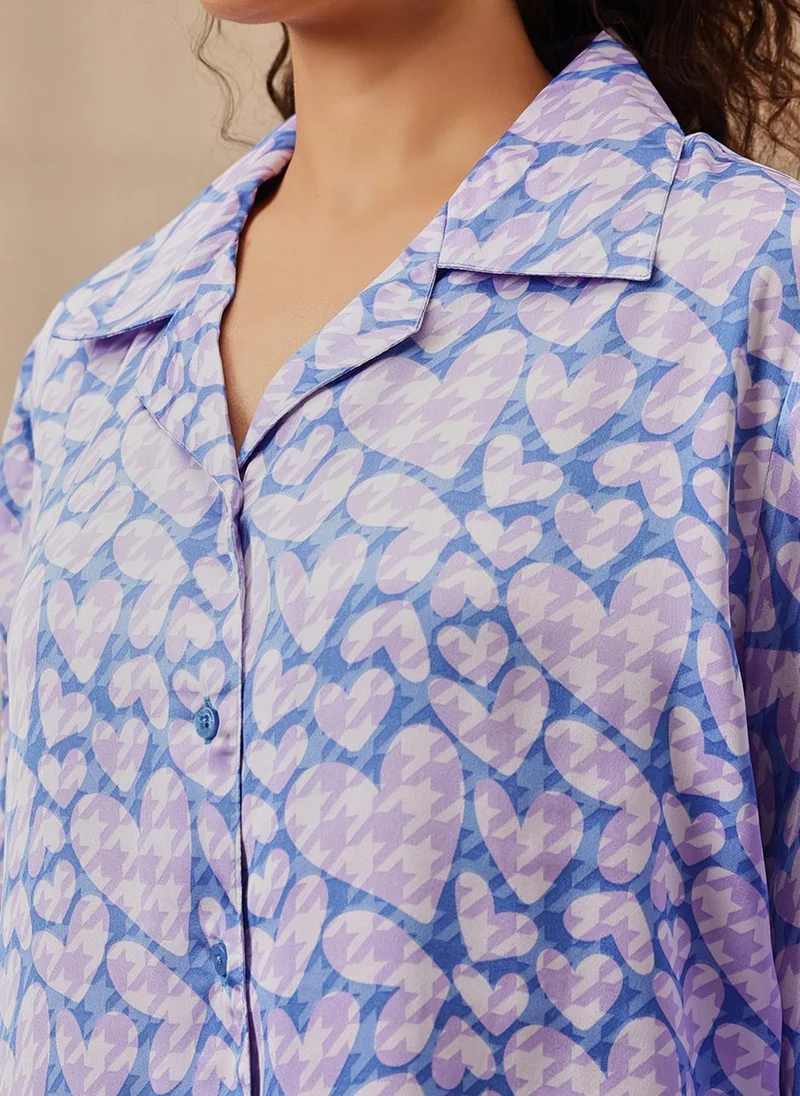 Clovia Purple Clovia Heart Print Button-Down Shirt & Pyjama Set in Purple - Satin for Women | Best Price UAE