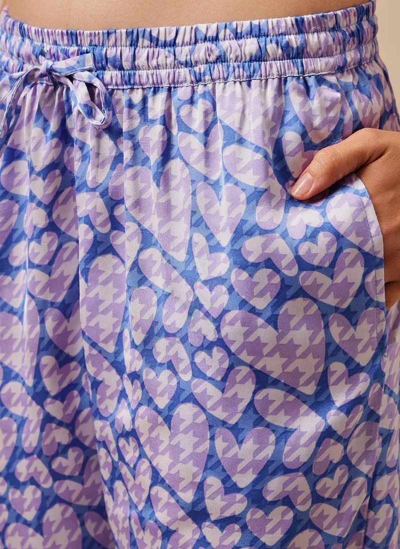 Clovia Purple Clovia Heart Print Button-Down Shirt & Pyjama Set in Purple - Satin for Women | Best Price UAE