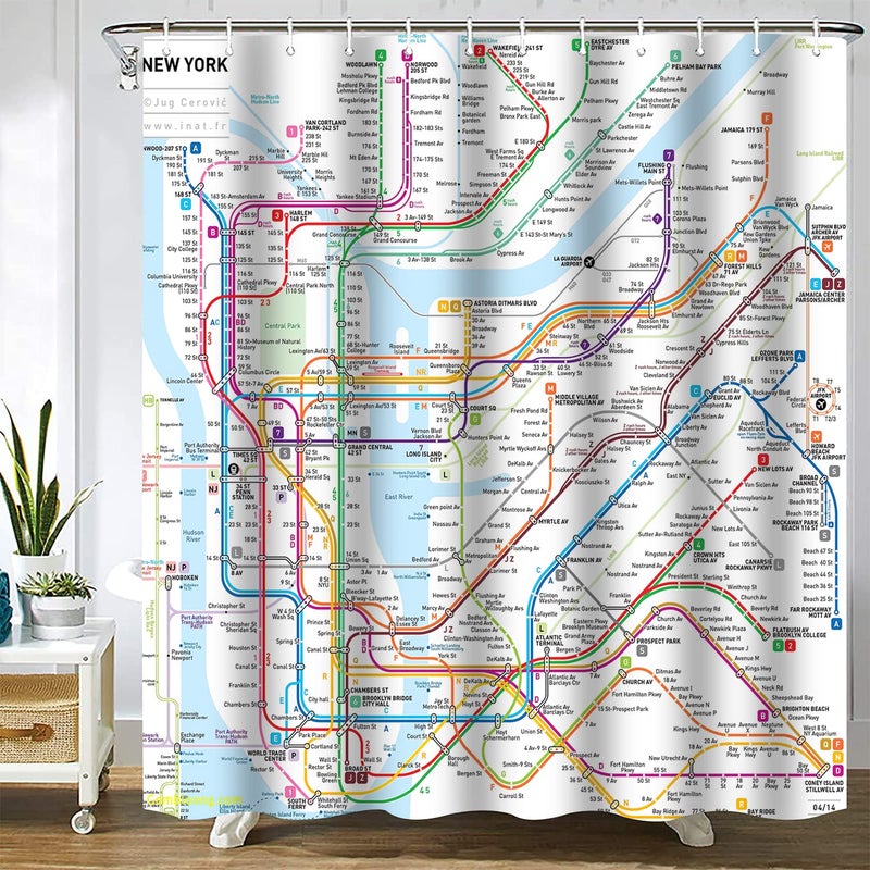 SPXUBZ New York Subway Map Shower Curtain White Subway Map Shower Curtains for Bathroom Waterproof Polyester Fabric Shower Curtain Sets with Hooks 60x72 Inch