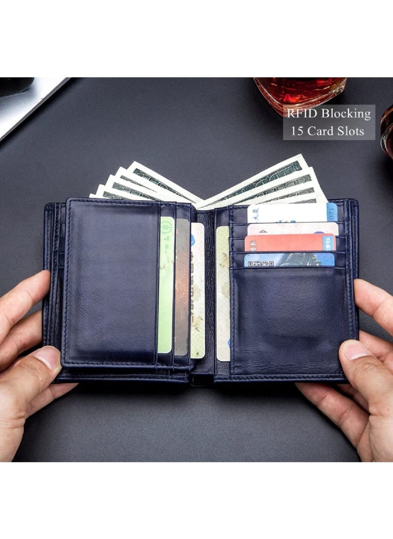 CONTACTS - Men's Genuine Leather Wallet   RFID Blocking Wallet 14 Card Slots  1 ID Window and Large Capacity Can Hold 50 Currency Notes - Image 1
