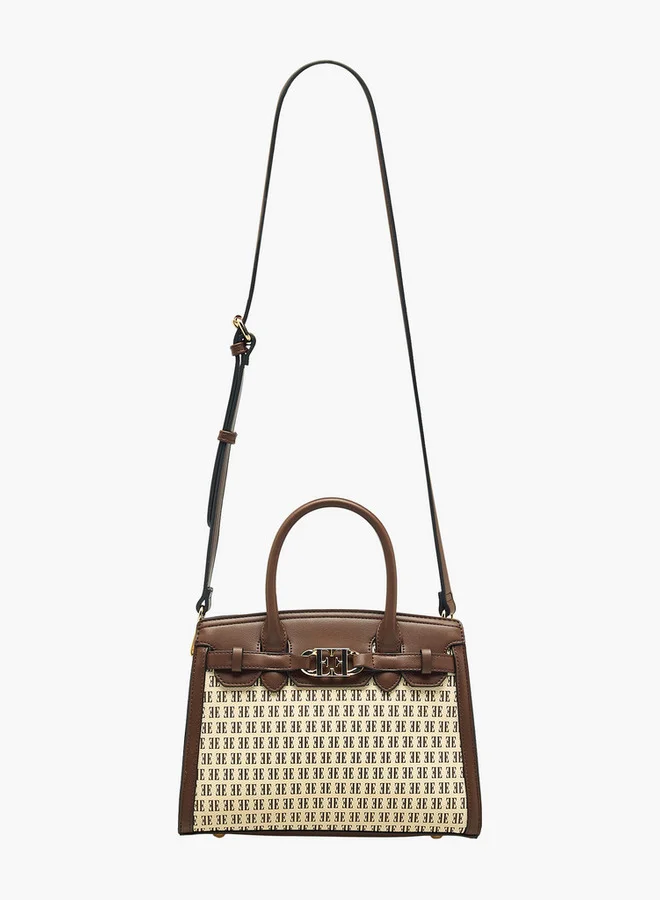 ELLE Monogram Print Tote Bag with Double Handle and Zip Closure