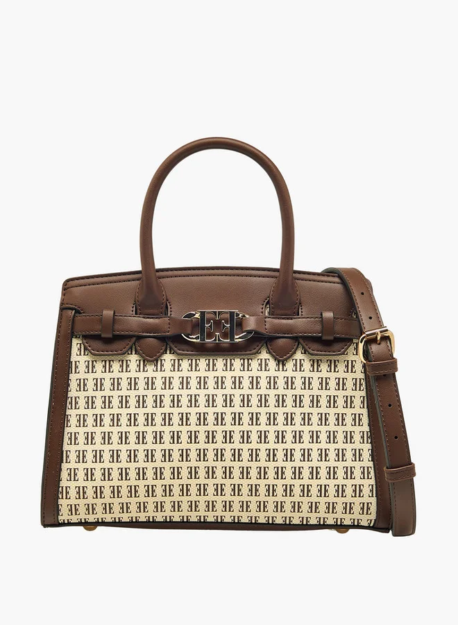 ELLE Monogram Print Tote Bag with Double Handle and Zip Closure