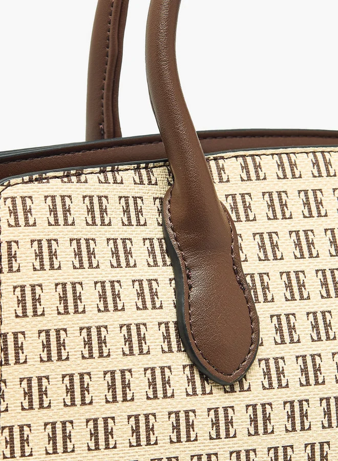 ELLE Monogram Print Tote Bag with Double Handle and Zip Closure