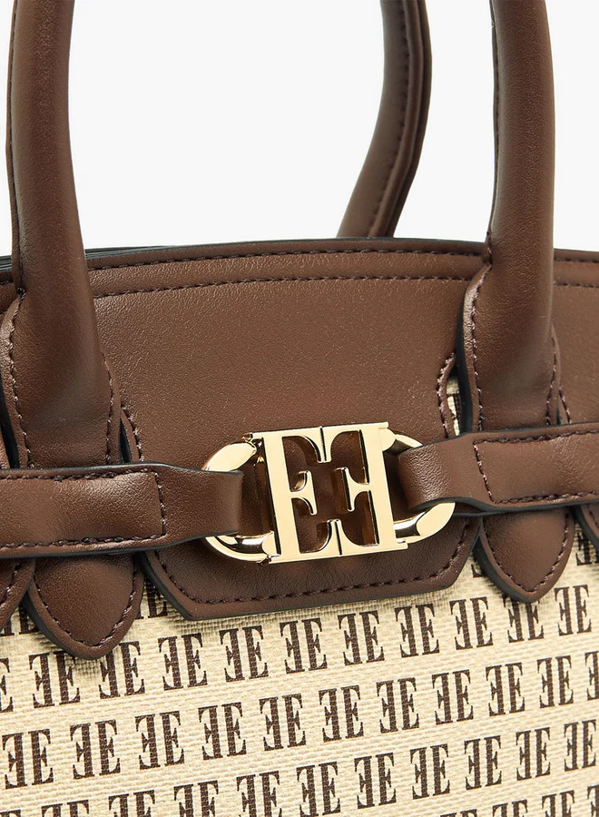 ELLE Monogram Print Tote Bag with Double Handle and Zip Closure