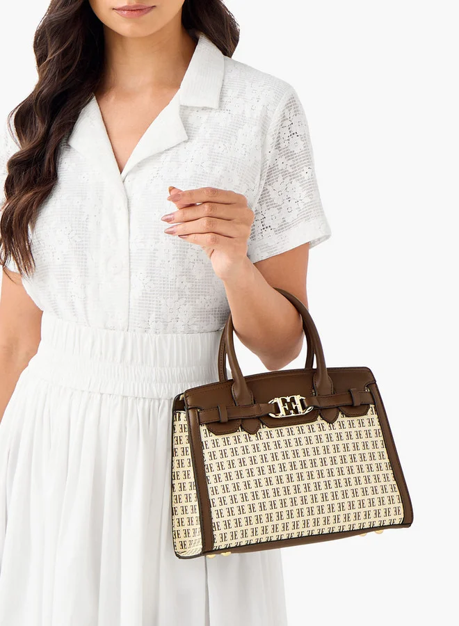 ELLE Monogram Print Tote Bag with Double Handle and Zip Closure