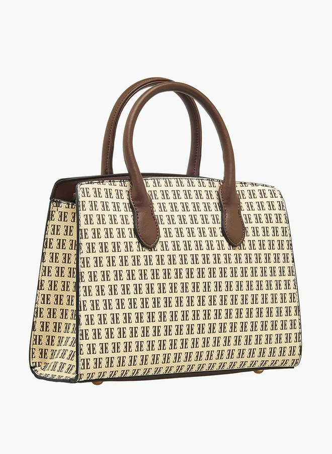 ELLE Monogram Print Tote Bag with Double Handle and Zip Closure