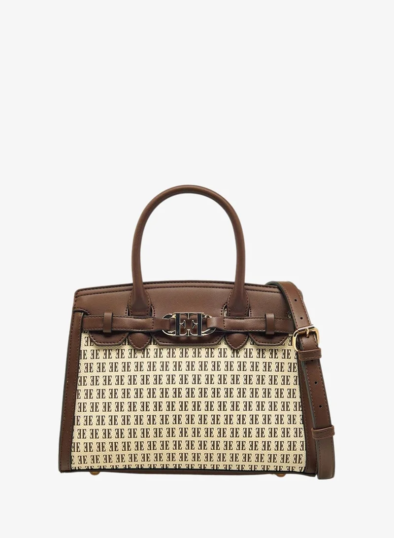 ELLE Monogram Print Tote Bag with Double Handle and Zip Closure