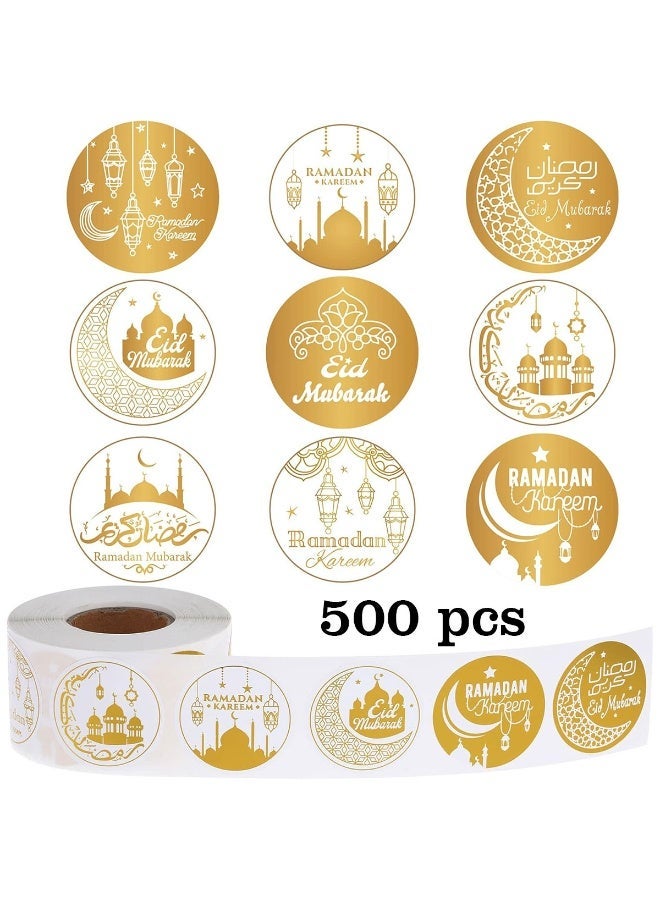 500 Pcs Gold Foil Ramadan Eid Mubarak Stickers, Gold Eid Mubarak Sticker for Candy Gifts Kareem Sticker Paper Self-Adhesive Party Supply, Modern Style, Multi-Surface, Paper with Gold Foil, Round, Ramadan Theme, Outdoor Usage, Waterproof Stickers - Image 1