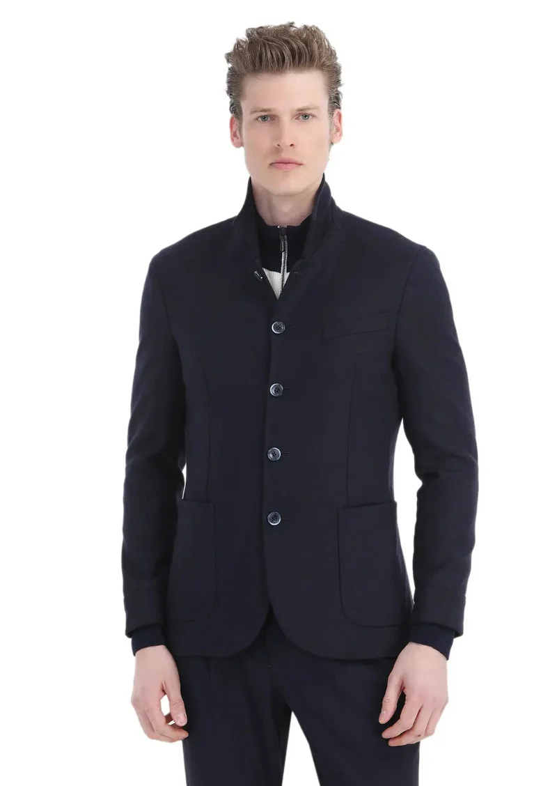RAMSEY Navy Blue Plain Shirt Shoulder Slim Fit Wool Blended Jacket