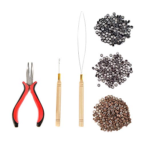 CREATE BEAUTY Hair Extension Tools Kit – Pliers - Pulling Hook - Bead Device Tool Kits with 600 Pieces 5mm Silicone Lined Micro Rings (Black, Dark Brown, Brown) - Image 1