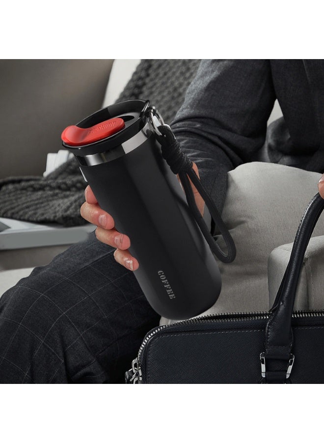 هابي هوم كوب قهوة من الفولاذ المقاوم للصدأ مع غطاء، كوب سفر مزدوج الجدار قابل لإعادة الاستخدام للمشروبات الساخنة والباردة، مانع للتسرب، سهل التنظيف، سعة 500 مل - أسود - Image 3