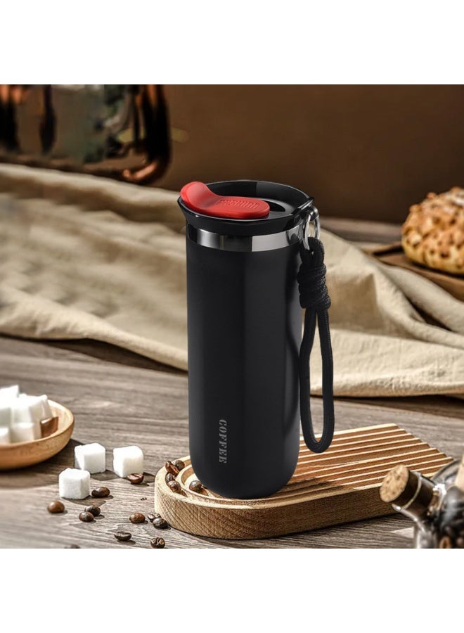 هابي هوم كوب قهوة من الفولاذ المقاوم للصدأ مع غطاء، كوب سفر مزدوج الجدار قابل لإعادة الاستخدام للمشروبات الساخنة والباردة، مانع للتسرب، سهل التنظيف، سعة 500 مل - أسود - Image 2
