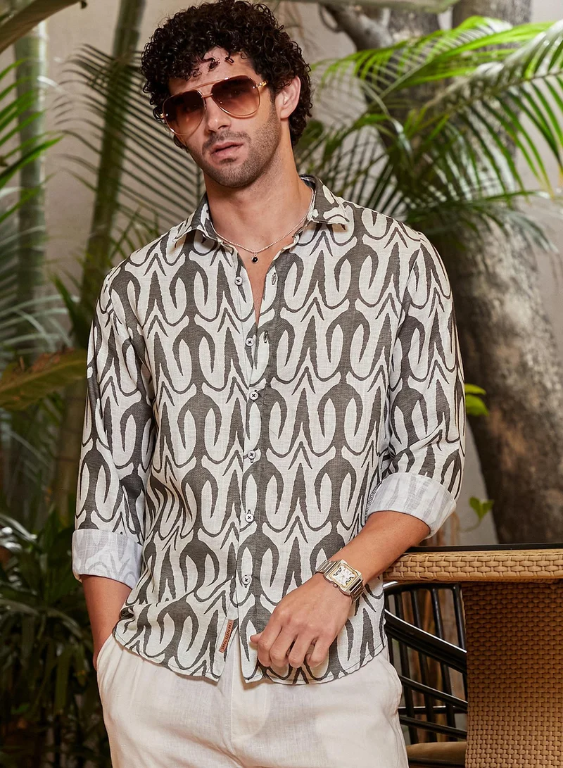 Campus Sutra Men's Moon Grey Trident Imprint Shirt