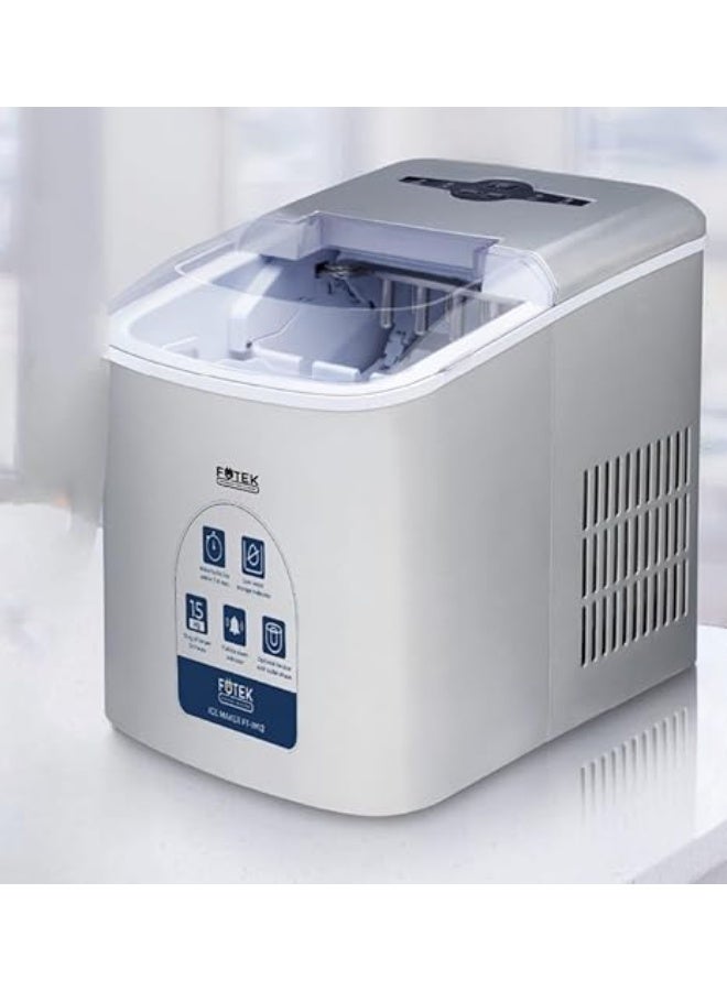 FUTEK Bullet Shaped Ice Cube Maker 15Kgs/24Hrs | Ice Making Capacity With 9 Pcs Ice Cube In 7-8 Min Per Cycle | Low Water Level Indicator| Full Ice Alarm Indicator | Full Stainless Steel Body White