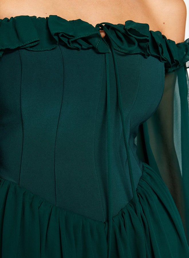 trendyol Emerald Green A-Line Lined Flounce Woven Chiffon Short Elegant Evening Dress TPRSS23EL00096 - Image 5