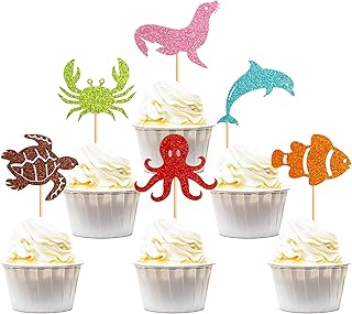 Keaziu Keaziu 36 Pack Ocean Theme Cupcake Toppers Dolphin Octopus Crab Fish Sea Turtle Seal Cupcake Picks Under the Sea  - Image 1