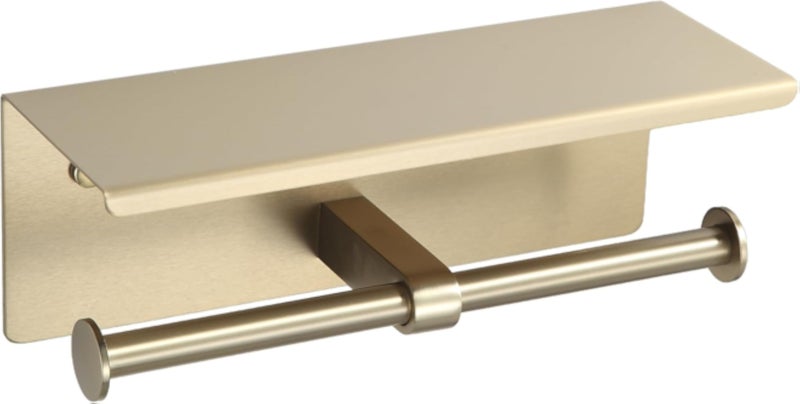 BGL Toilet Paper Holder with Shelf Matte Brushed Gold Double Head Toilet Tissue Roll Holder 304 Stainless Steel Wall Mount for Bathroom