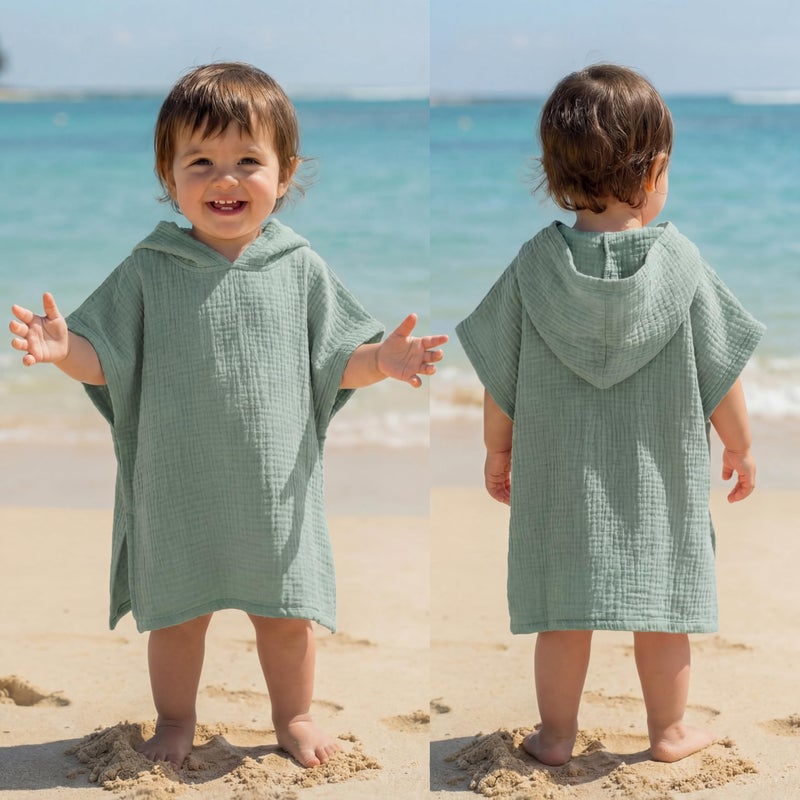 Frienda Muslin Hooded Beach Towel for 03 Years Kids Soft Muslin Bath Poncho for Baby Absorbent Fast Drying Blankets for Boys Girls Newborns Toddler Beach Pool Bath EssentialsGreen - Image 2