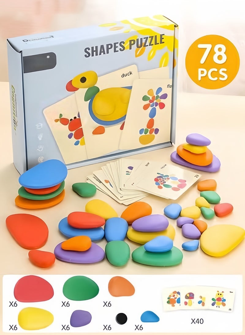 ميكسد 78 حزمة فرز منصات نقالة الحجر لعبة توازن اللون حجر مونتيسوري اللغز مع 40 بطاقة حصاة بناء كتل للأطفال في مرحلة ما قبل المدرسة مجموعة التعلم - Image 1