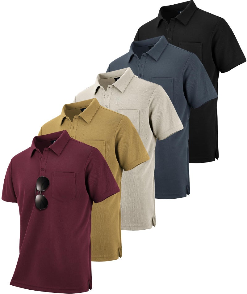 SCODI 5 Pack Mens Polo Shirts Short Sleeve Multipack Tactical Shirt for Men Moisture Wicking Athletic Work Tshirt with Pocket Black Grey lightkhaki Khaki WineRed XL - Image 1